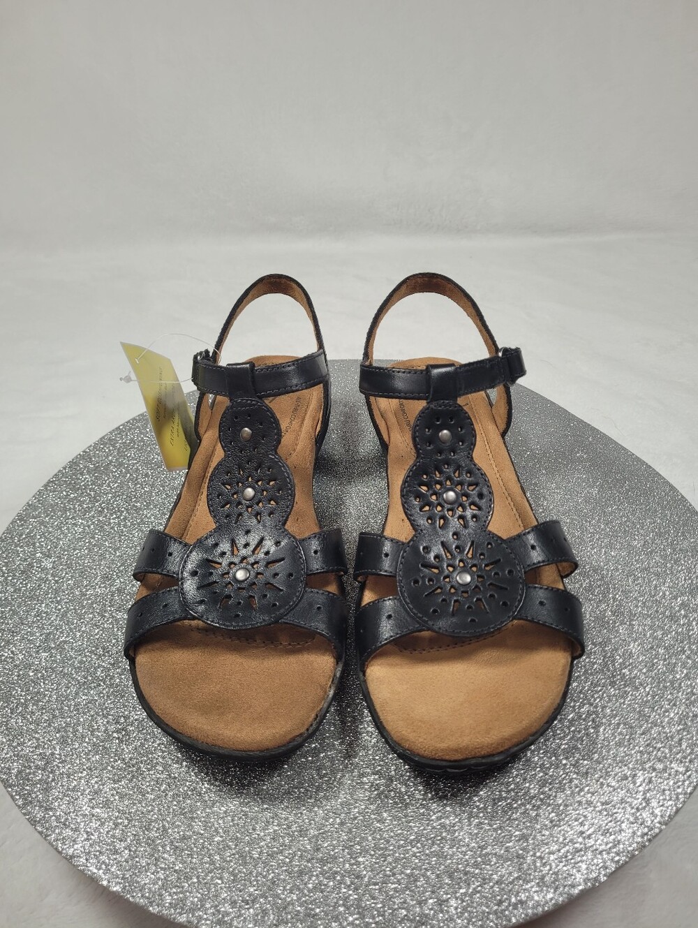 Natural Soul Barton Black Leather Slingback Sandals Laser Cut 9M New - Picture 2 of 12